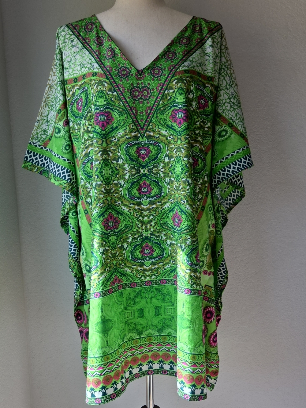 Green Roper Dashiki Dress Cover Printed V-Neck Caftan Dress Lightweight Retro 60
